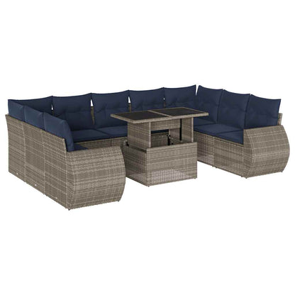 10-teiliges Gartensofa-Set mit Kissen, grau, Polyrattan