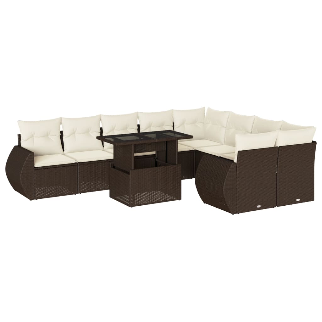 10-tlg. Garten-Sofagarnitur mit Kissen Braun Poly Rattan