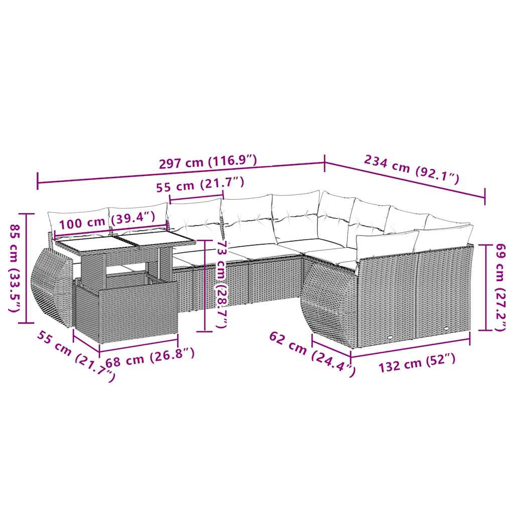 10-tlg. Garten-Sofagarnitur mit Kissen Beige Poly Rattan