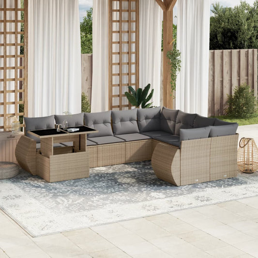 10-tlg. Garten-Sofagarnitur mit Kissen Beige Poly Rattan