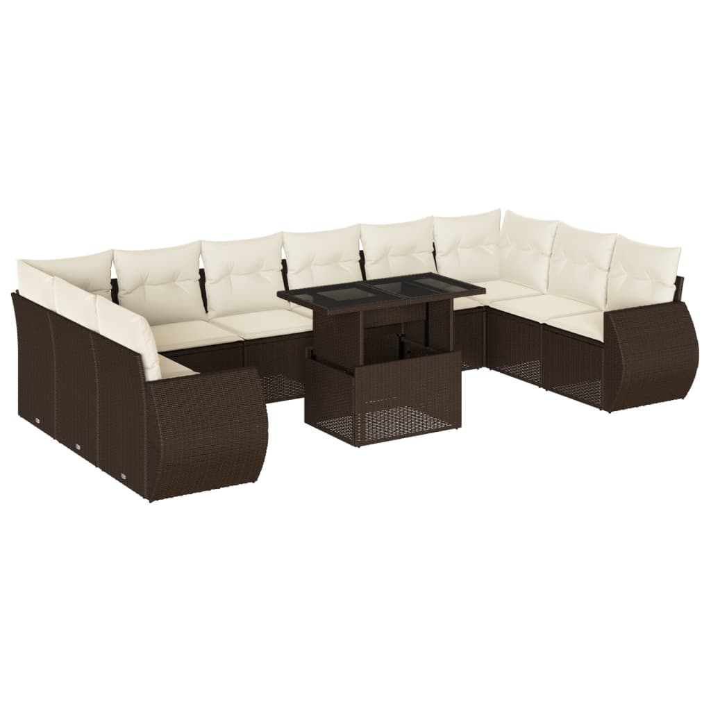 11-tlg. Garten-Sofagarnitur mit Kissen Braun Poly Rattan