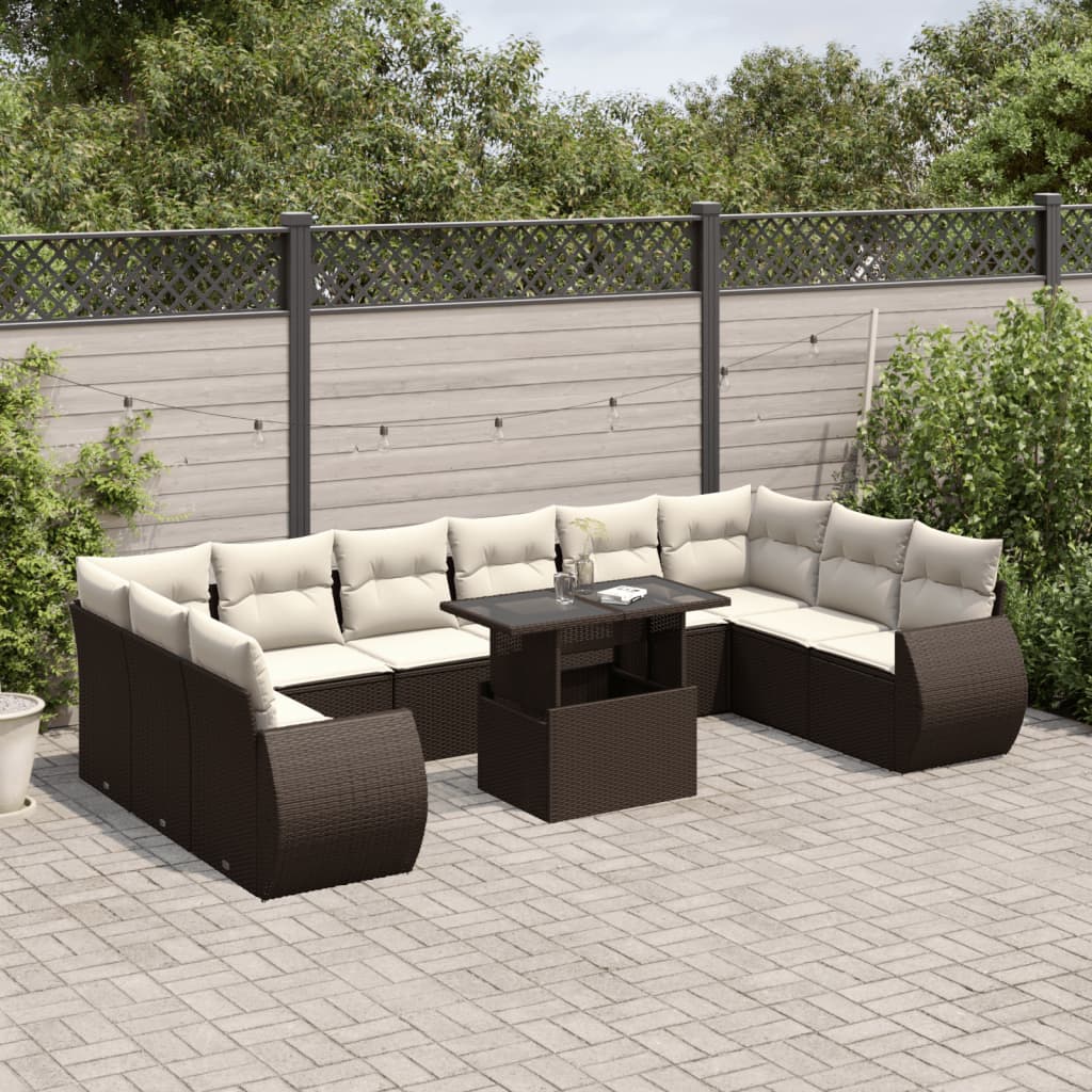 11-tlg. Garten-Sofagarnitur mit Kissen Braun Poly Rattan