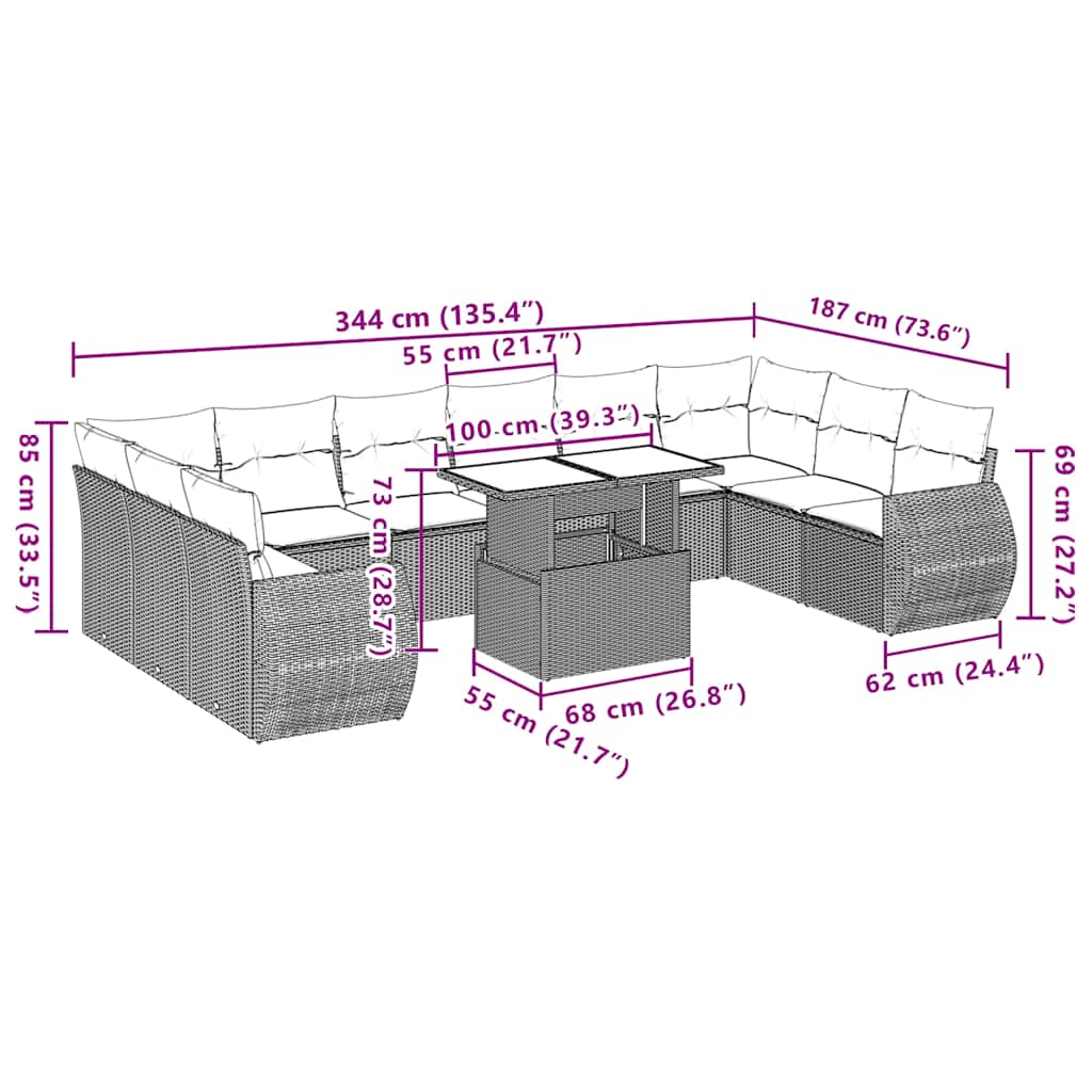11-teiliges Gartensofa-Set mit Kissen, braun, Polyrattan