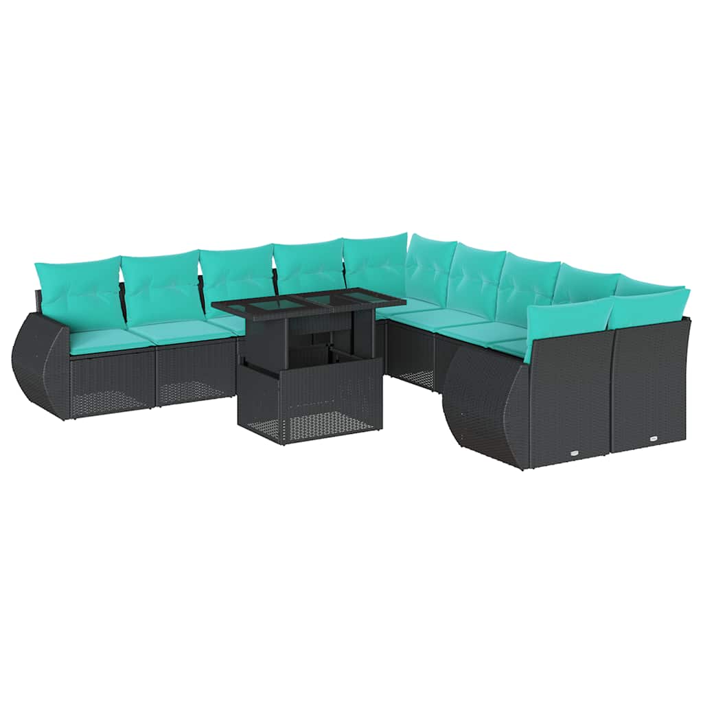 11-teiliges Gartensofa-Set mit Kissen, schwarzes Polyrattan
