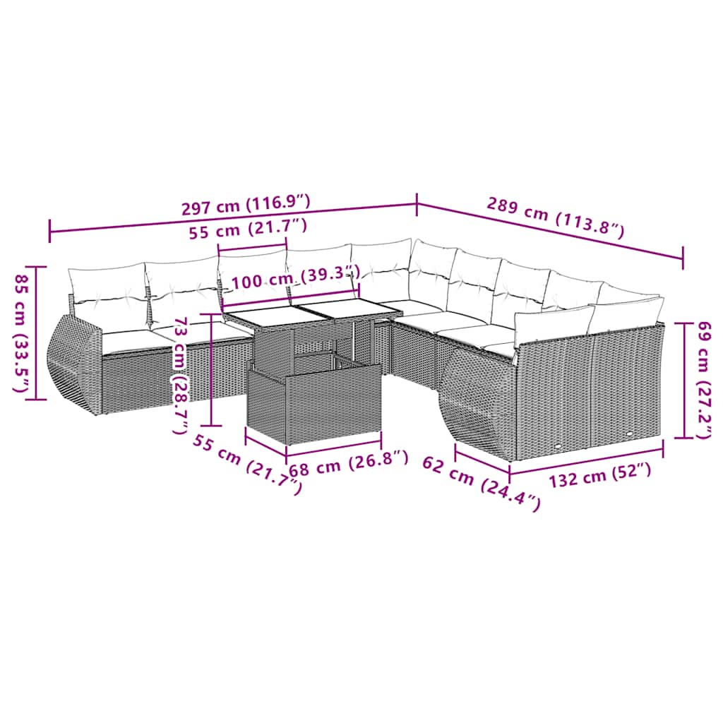 11-teiliges Gartensofa-Set mit Kissen, schwarzes Polyrattan