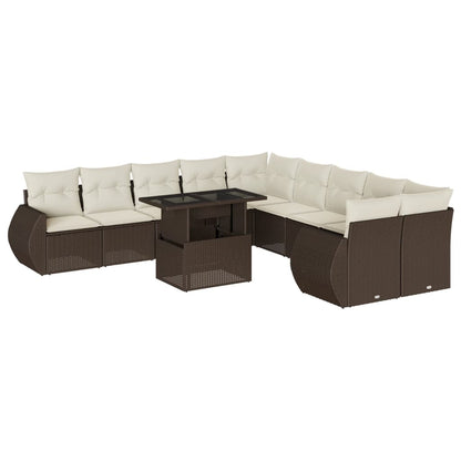 11-tlg. Garten-Sofagarnitur mit Kissen Braun Poly Rattan