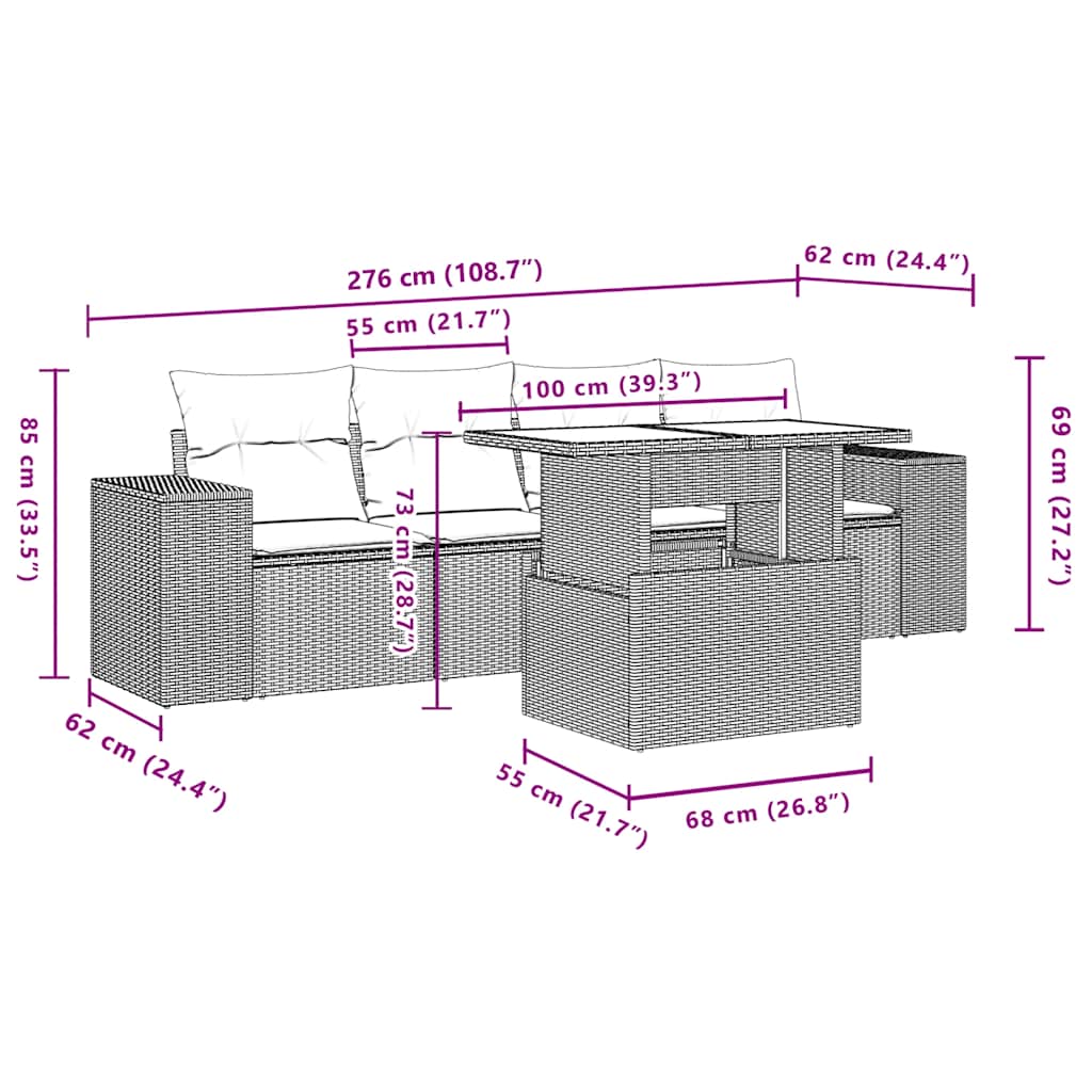 5-teiliges Gartensofa-Set mit Kissen, schwarzes Polyrattan