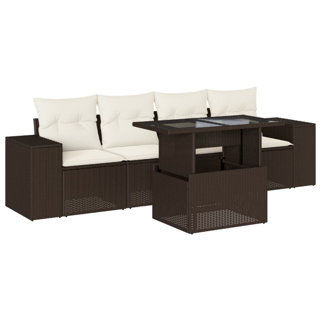 5-tlg. Garten-Sofagarnitur mit Kissen Braun Poly Rattan