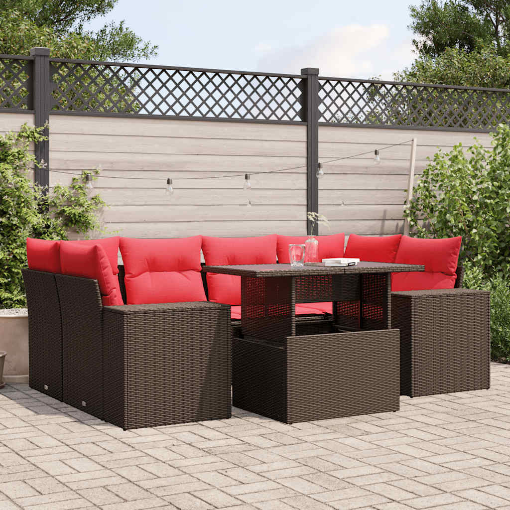 7-teiliges Gartensofa-Set mit Kissen, braun, Polyrattan