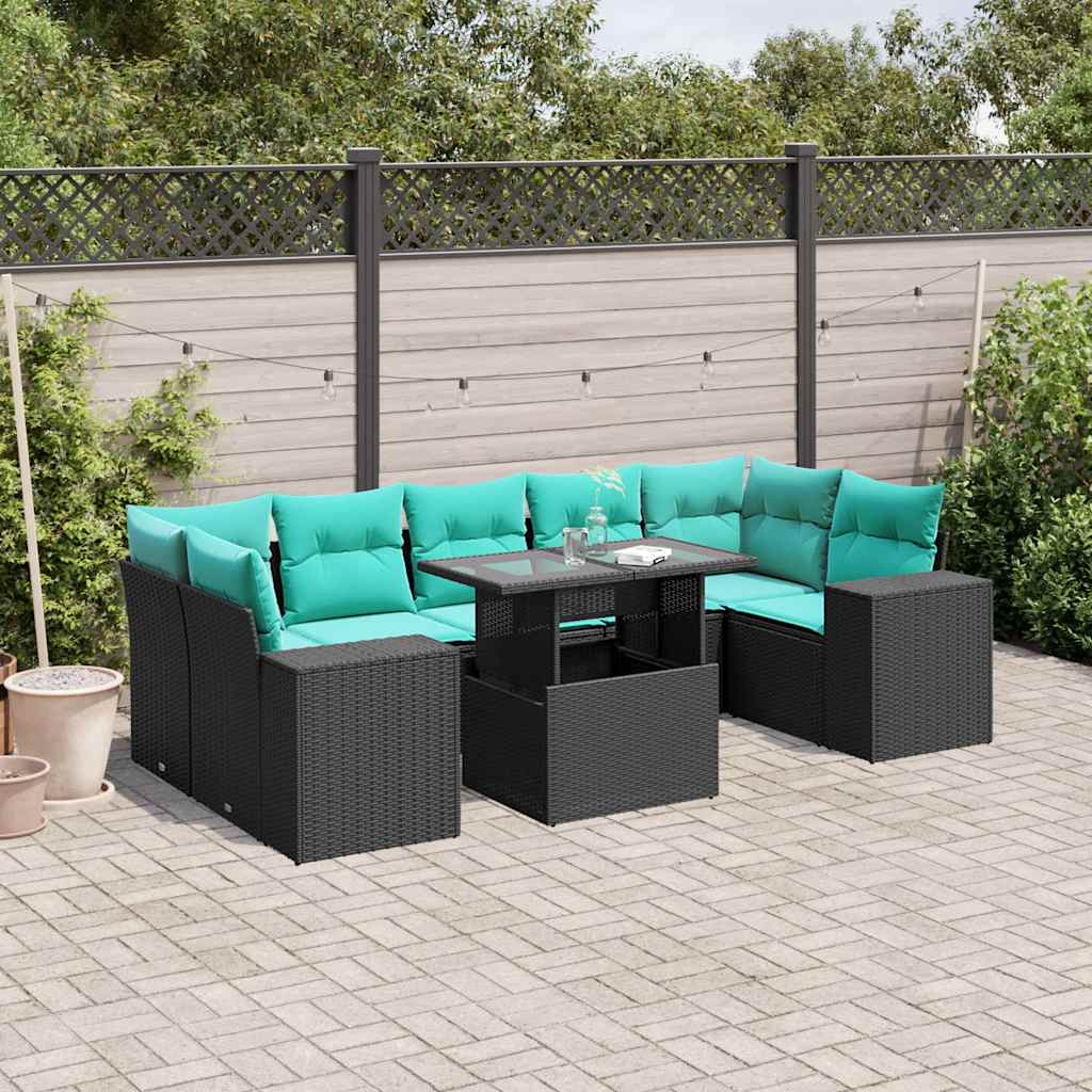 8-teiliges Gartensofa-Set mit Kissen, schwarzes Polyrattan