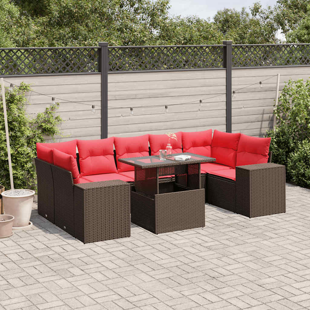 8-teiliges Gartensofa-Set mit Kissen, braun, Polyrattan