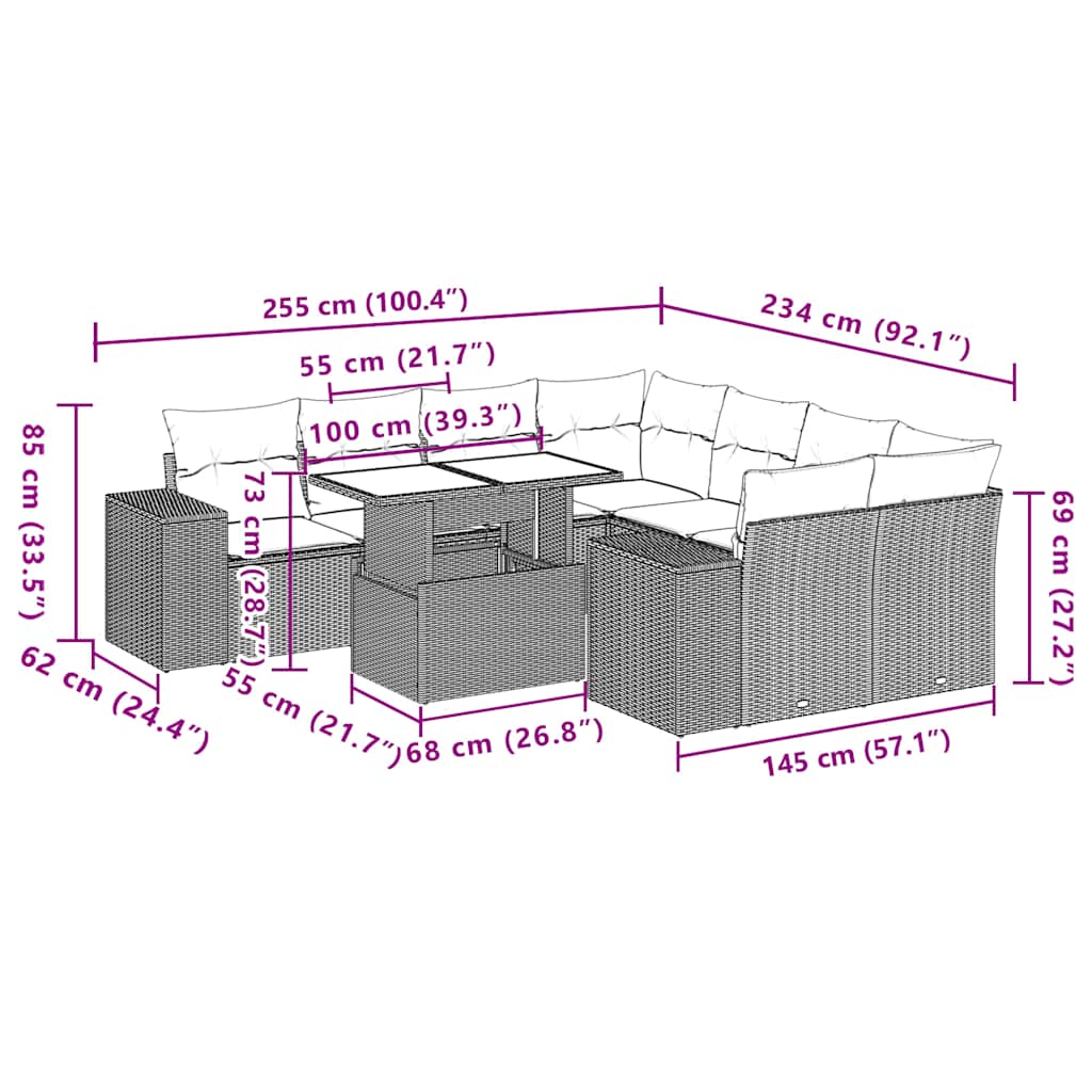 9-teiliges Gartensofa-Set mit Kissen, grau, Polyrattan