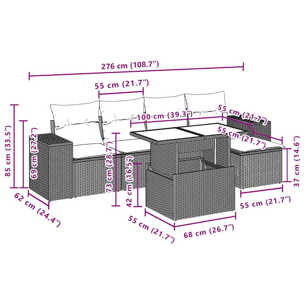 6-teiliges Gartensofa-Set mit Kissen, braun, Polyrattan