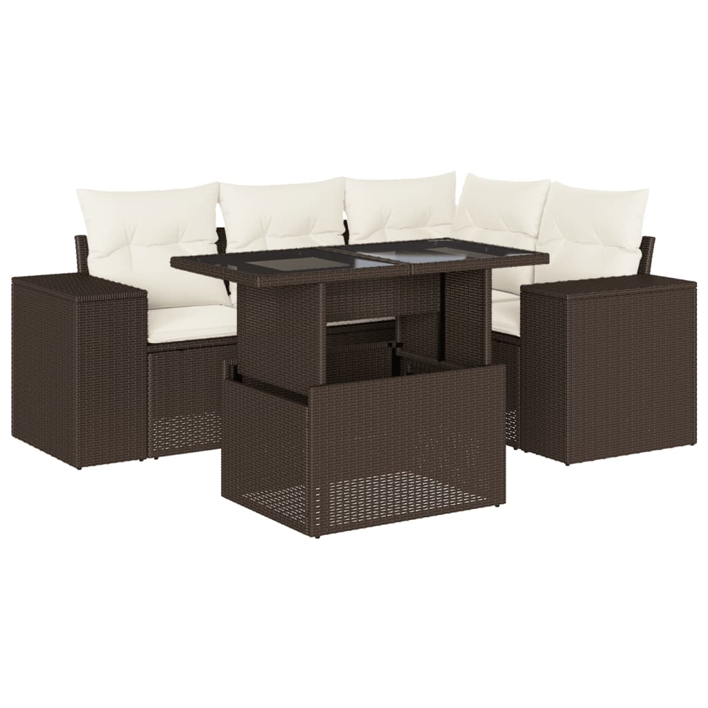 5-tlg. Garten-Sofagarnitur mit Kissen Braun Poly Rattan