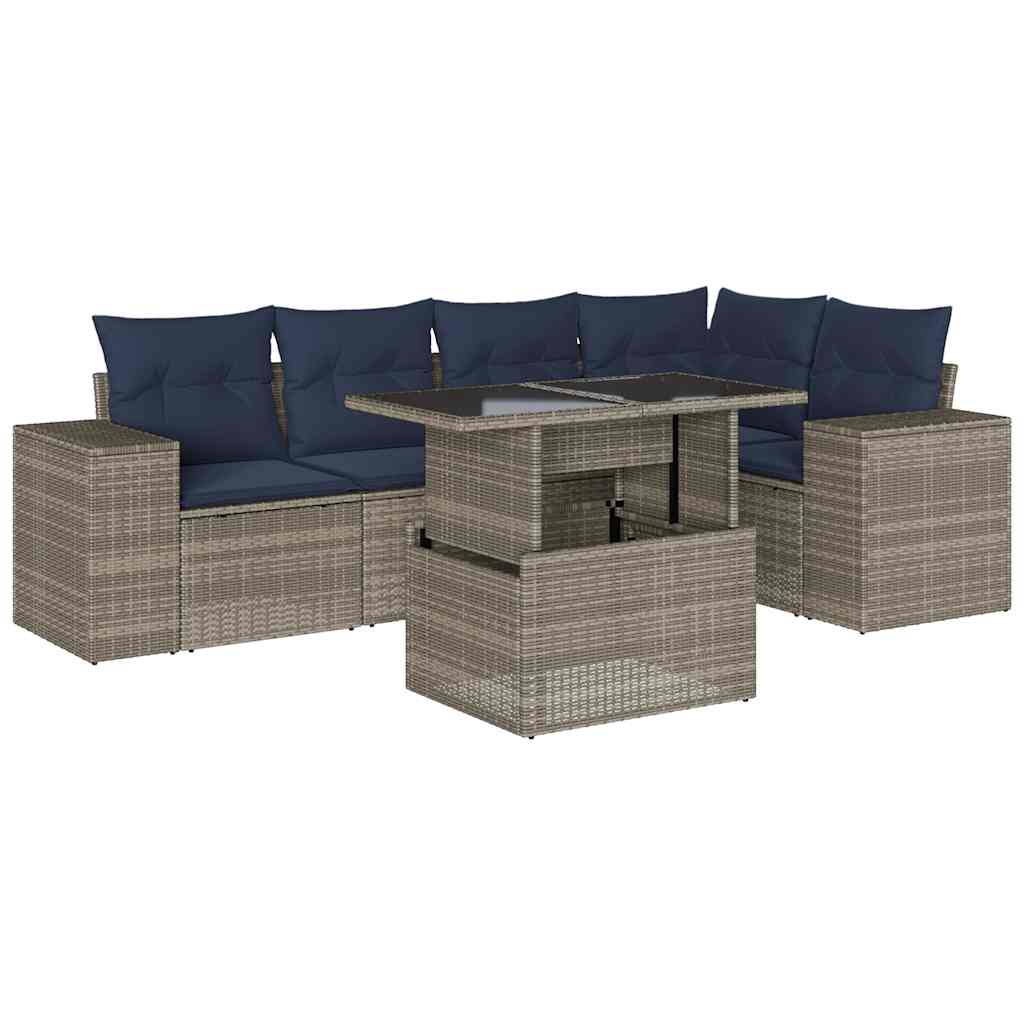 6-teiliges Gartensofa-Set mit Kissen, grau, Polyrattan