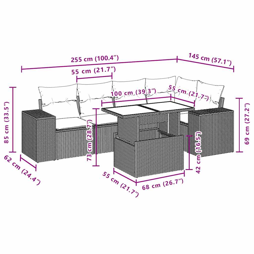 6-teiliges Gartensofa-Set mit Kissen, grau, Polyrattan