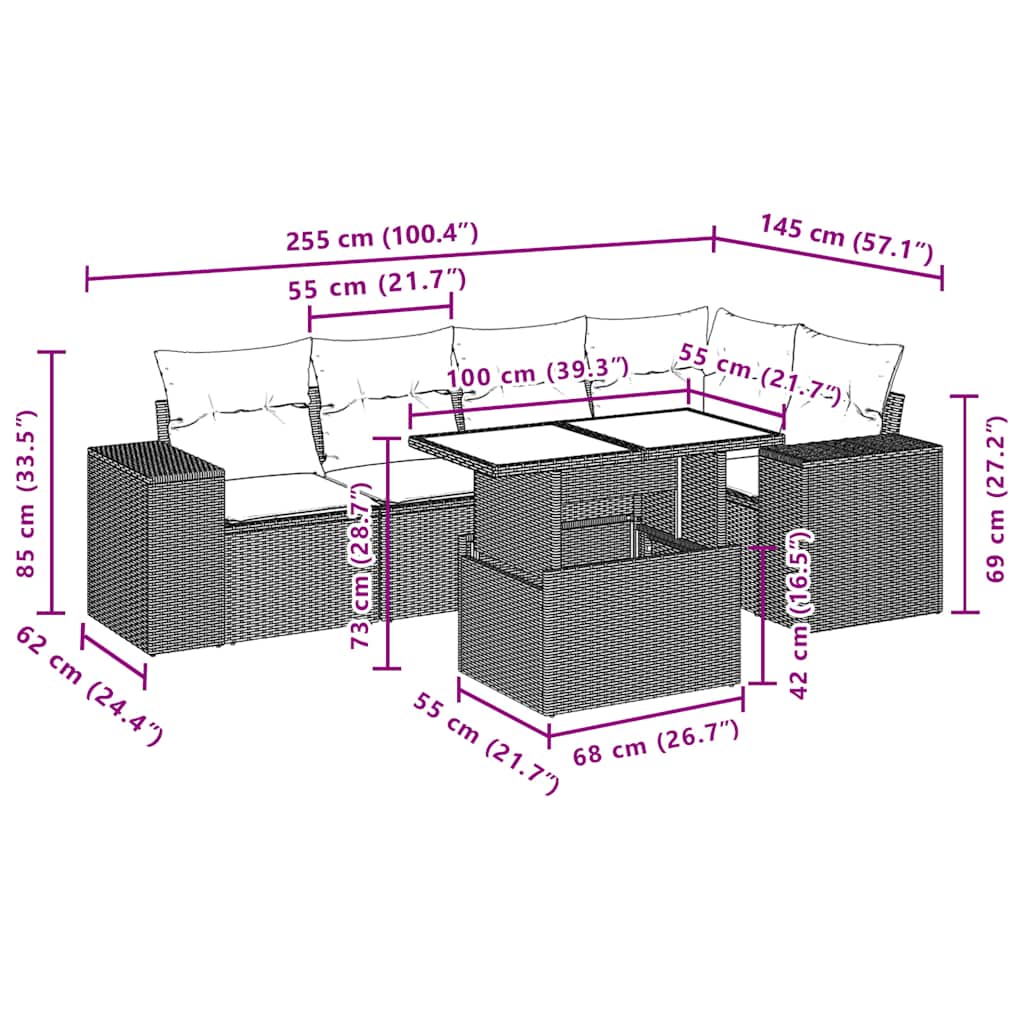 6-teiliges Gartensofa-Set mit Kissen, braun, Polyrattan