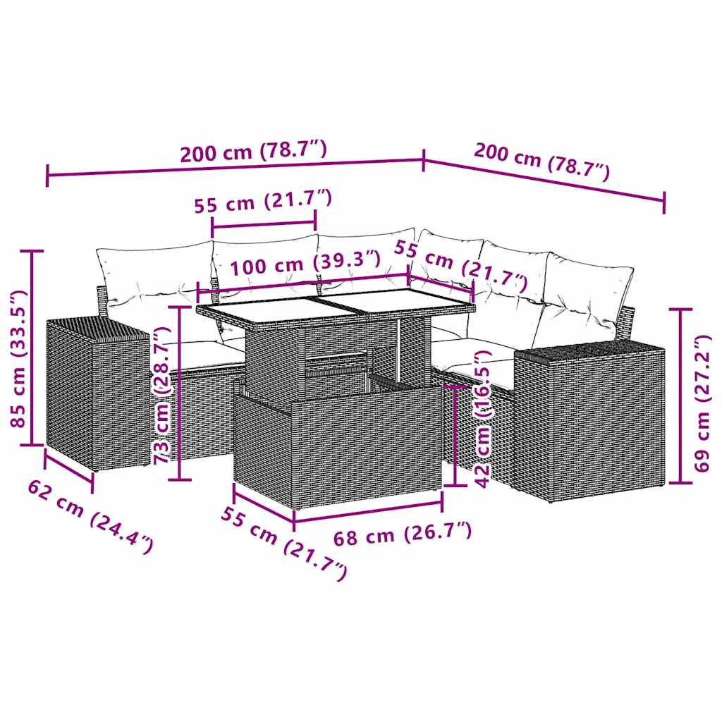 6-teiliges Gartensofa-Set mit Kissen, schwarzes Polyrattan