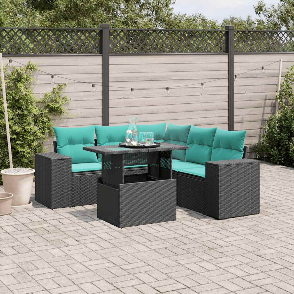 6-teiliges Gartensofa-Set mit Kissen, schwarzes Polyrattan