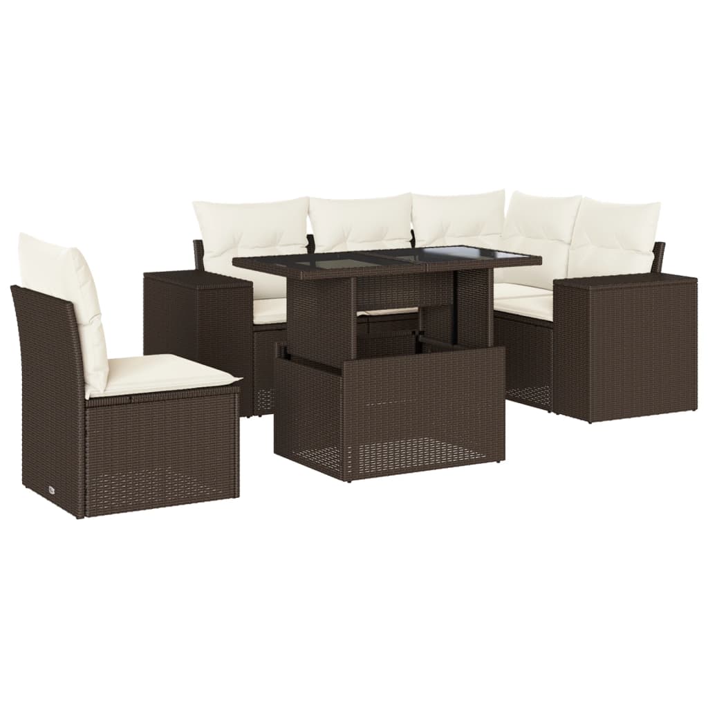 6-tlg. Garten-Sofagarnitur mit Kissen Braun Poly Rattan
