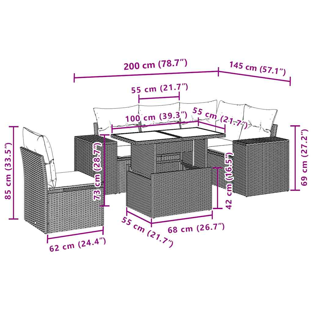 6-teiliges Gartensofa-Set mit Kissen, braun, Polyrattan