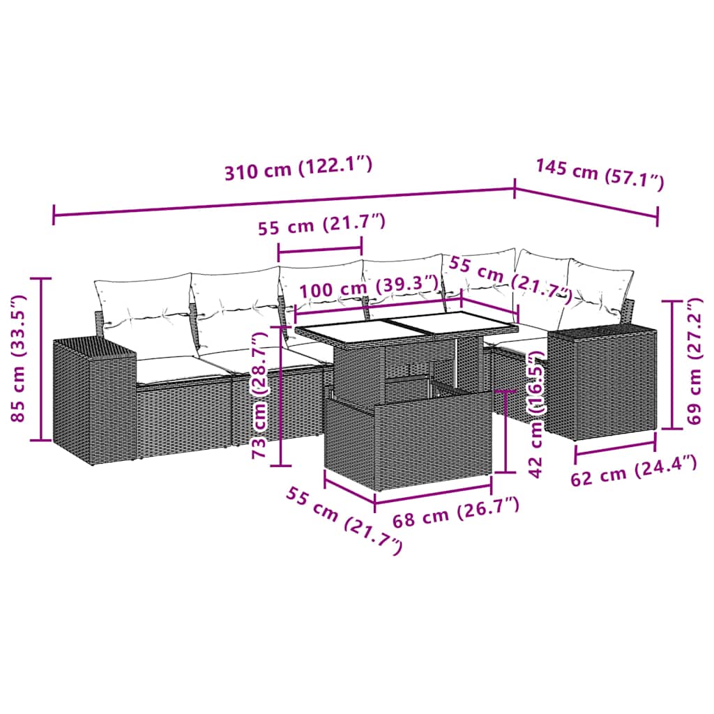 7-teiliges Gartensofa-Set mit Kissen, schwarzes Polyrattan