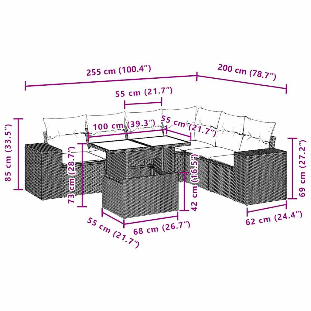 7-teiliges Gartensofa-Set mit Kissen, grau, Polyrattan