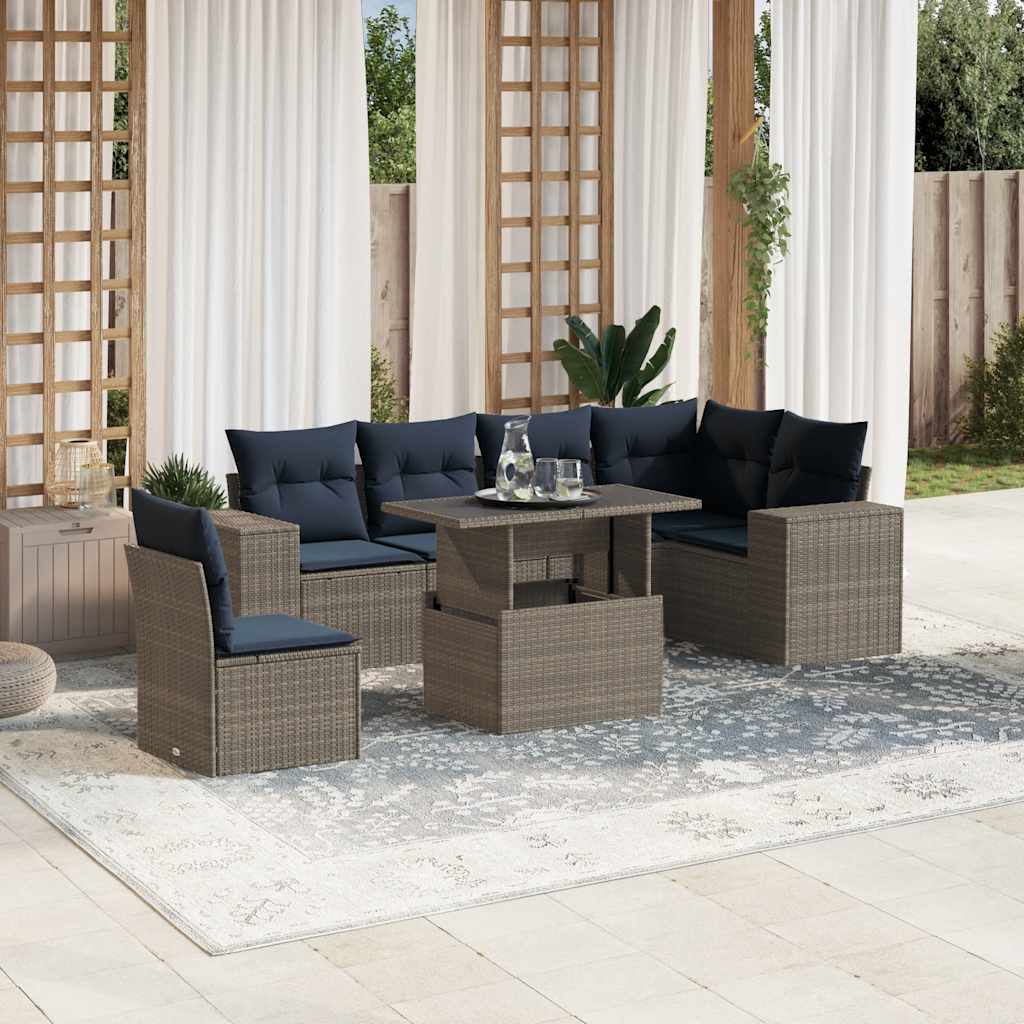 7-teiliges Gartensofa-Set mit Kissen, grau, Polyrattan