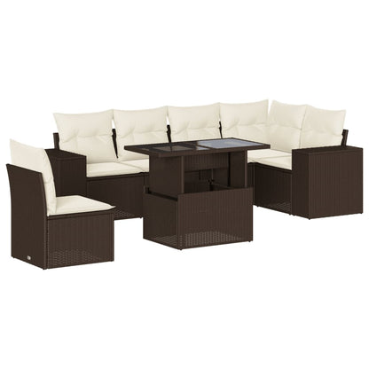7-tlg. Garten-Sofagarnitur mit Kissen Braun Poly Rattan