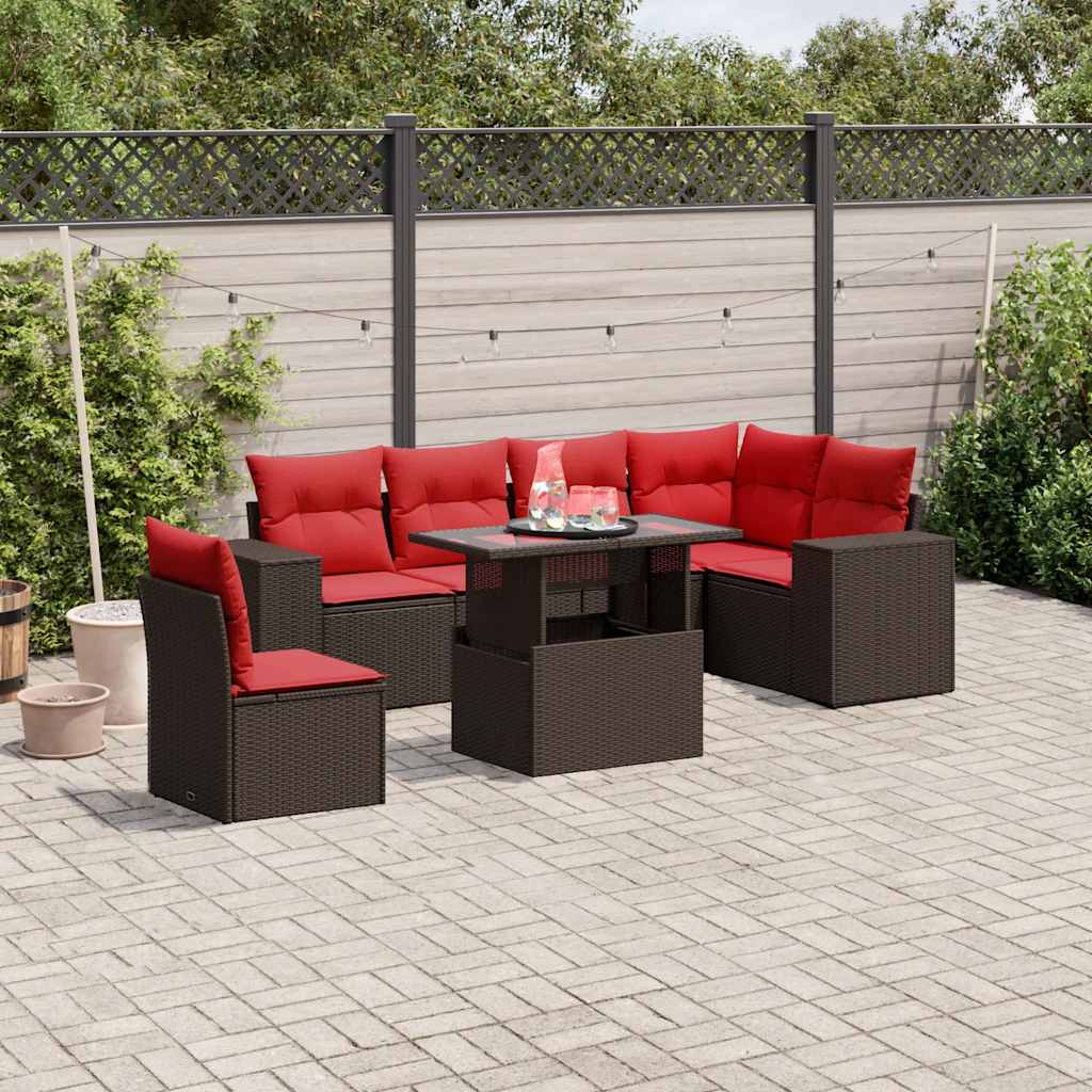 7-teiliges Gartensofa-Set mit Kissen, braun, Polyrattan