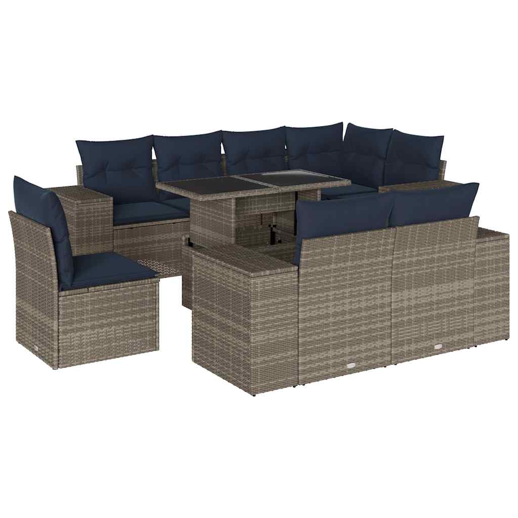 9-teiliges Gartensofa-Set mit Kissen, grau, Polyrattan