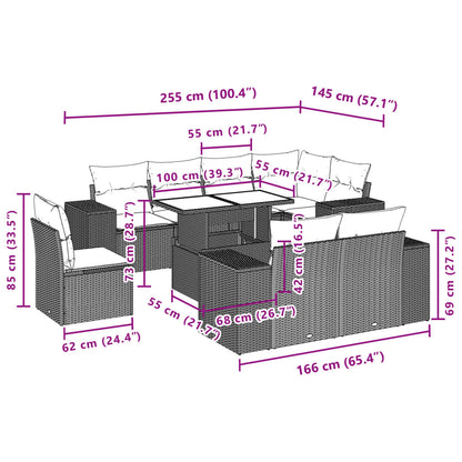 9-tlg. Garten-Sofagarnitur mit Kissen Braun Poly Rattan