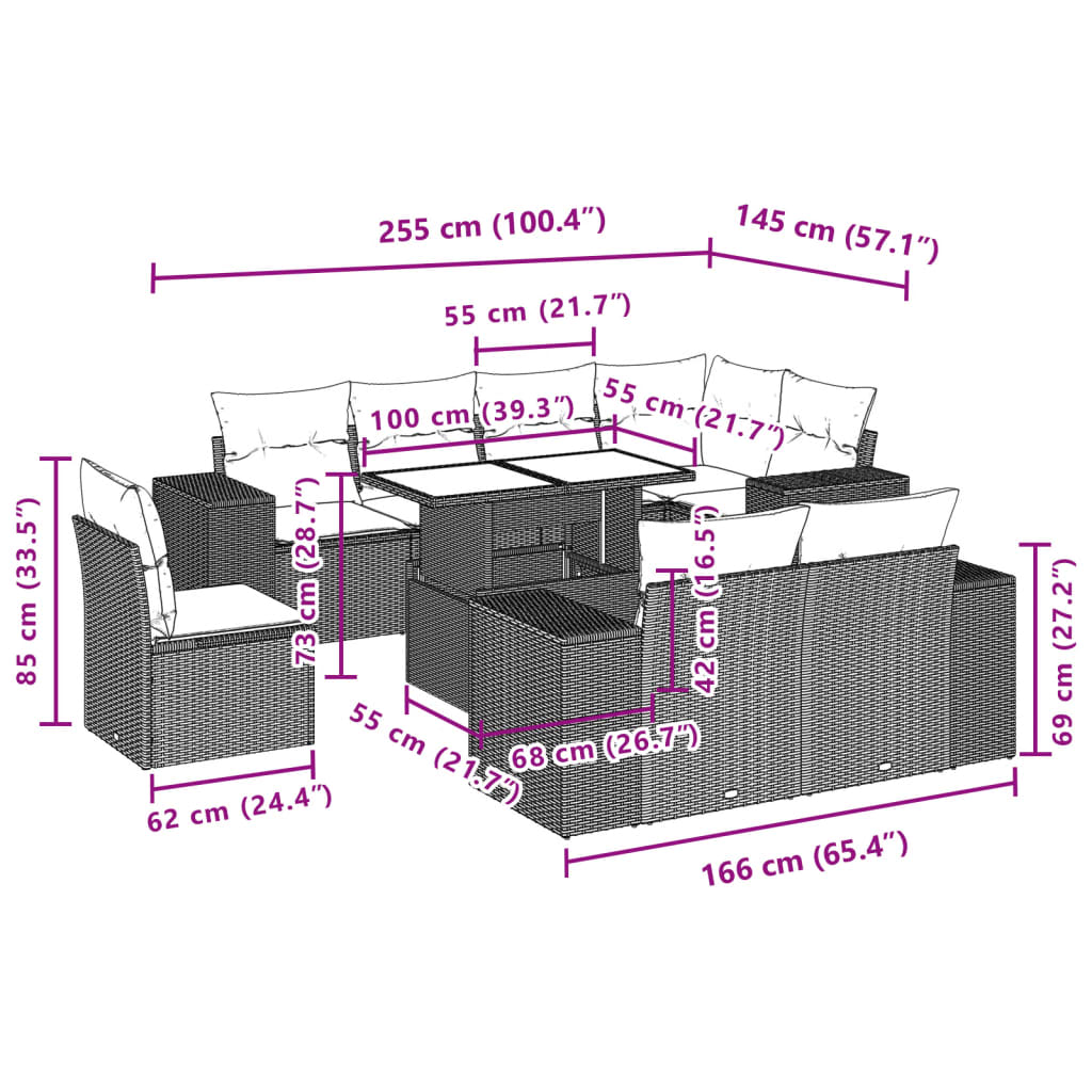 9-tlg. Garten-Sofagarnitur mit Kissen Braun Poly Rattan