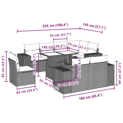 9-teiliges Gartensofa-Set mit Kissen, braun, Polyrattan