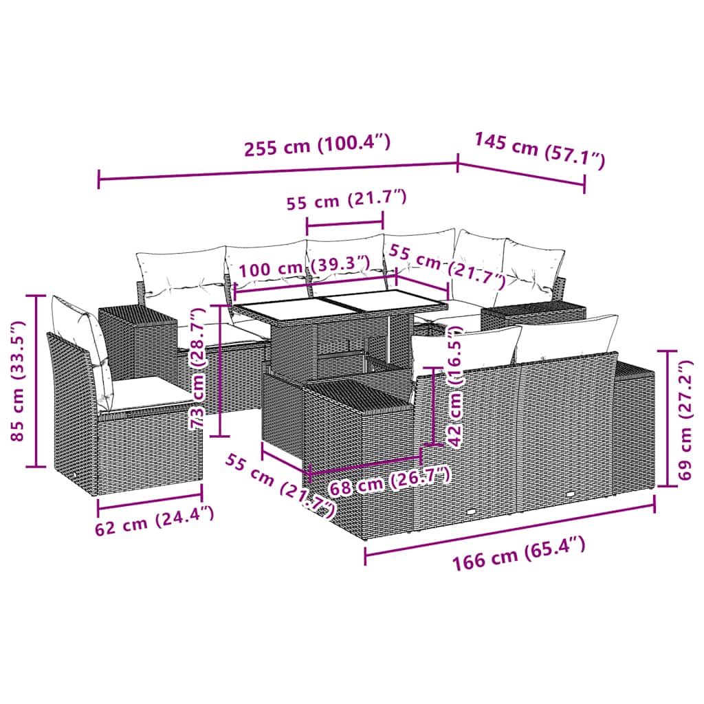 9-teiliges Gartensofa-Set mit Kissen, braun, Polyrattan
