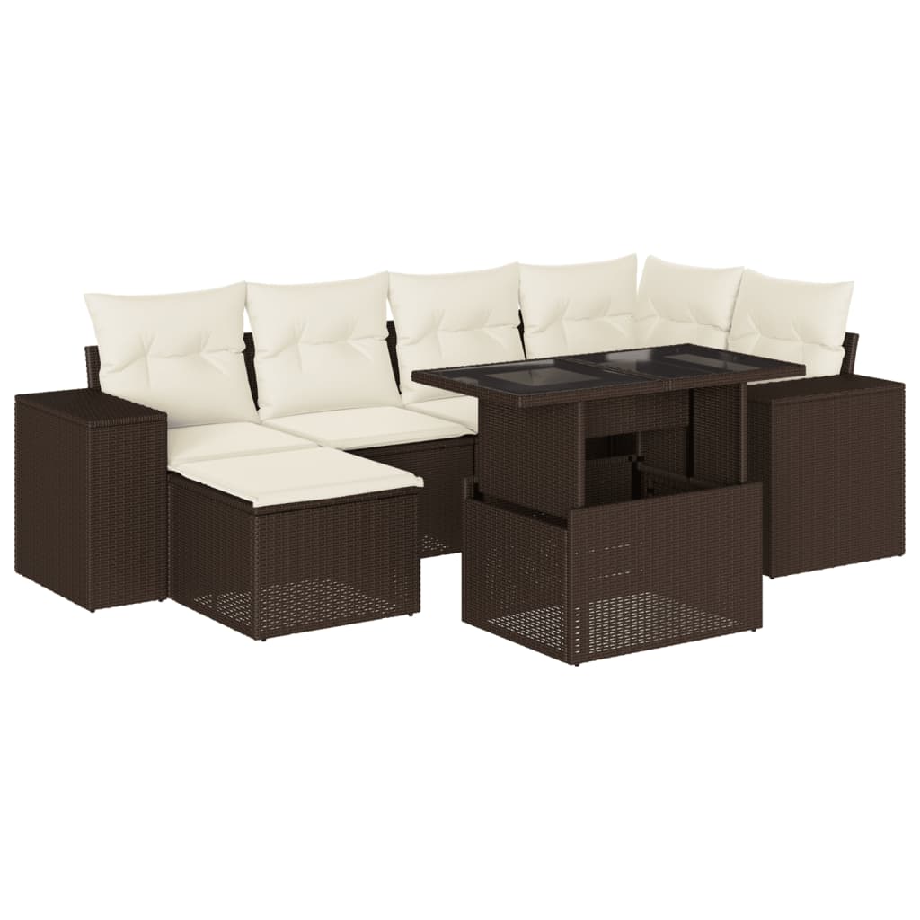 7-tlg. Garten-Sofagarnitur mit Kissen Braun Poly Rattan
