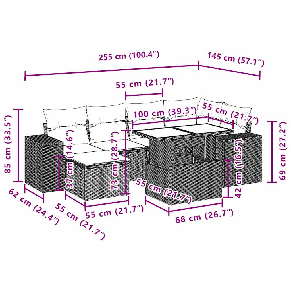 7-tlg. Garten-Sofagarnitur mit Kissen Braun Poly Rattan