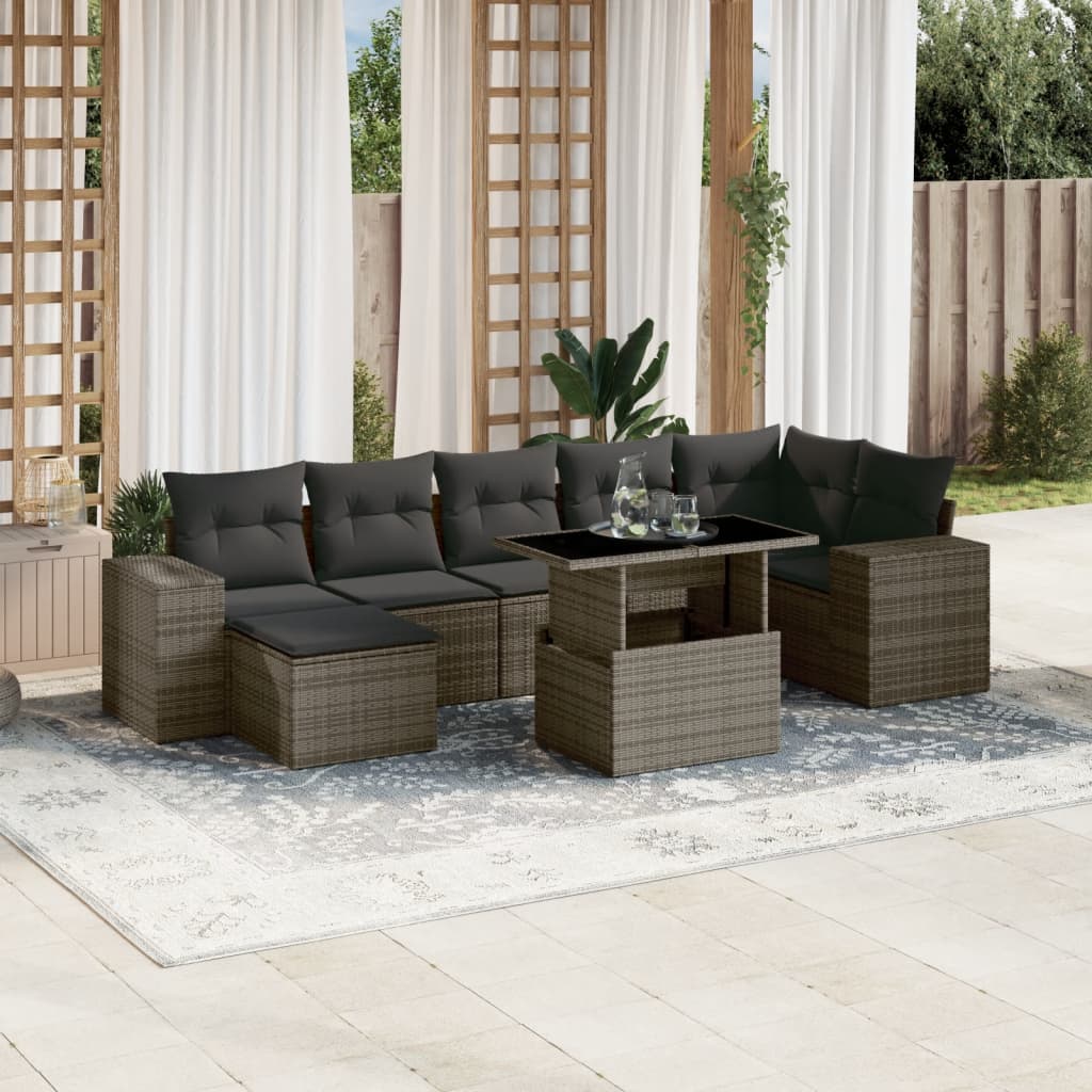 8-tlg. Garten-Sofagarnitur mit Kissen Grau Poly Rattan