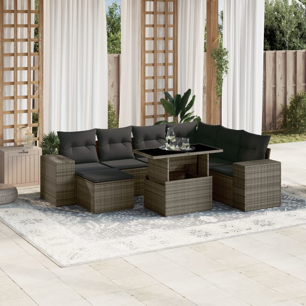 8-tlg. Garten-Sofagarnitur mit Kissen Grau Poly Rattan