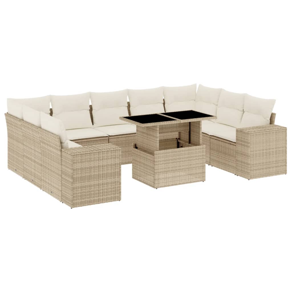 10-tlg. Garten-Sofagarnitur mit Kissen Beige Poly Rattan