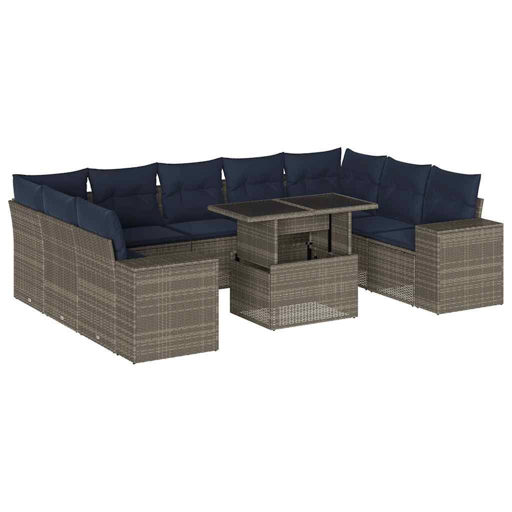 10-teiliges Gartensofa-Set mit Kissen, grau, Polyrattan