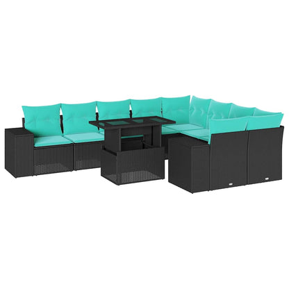 10-teiliges Gartensofa-Set mit Kissen, schwarzes Polyrattan
