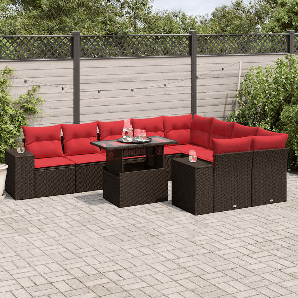10-teiliges Gartensofa-Set mit Kissen, braun, Polyrattan