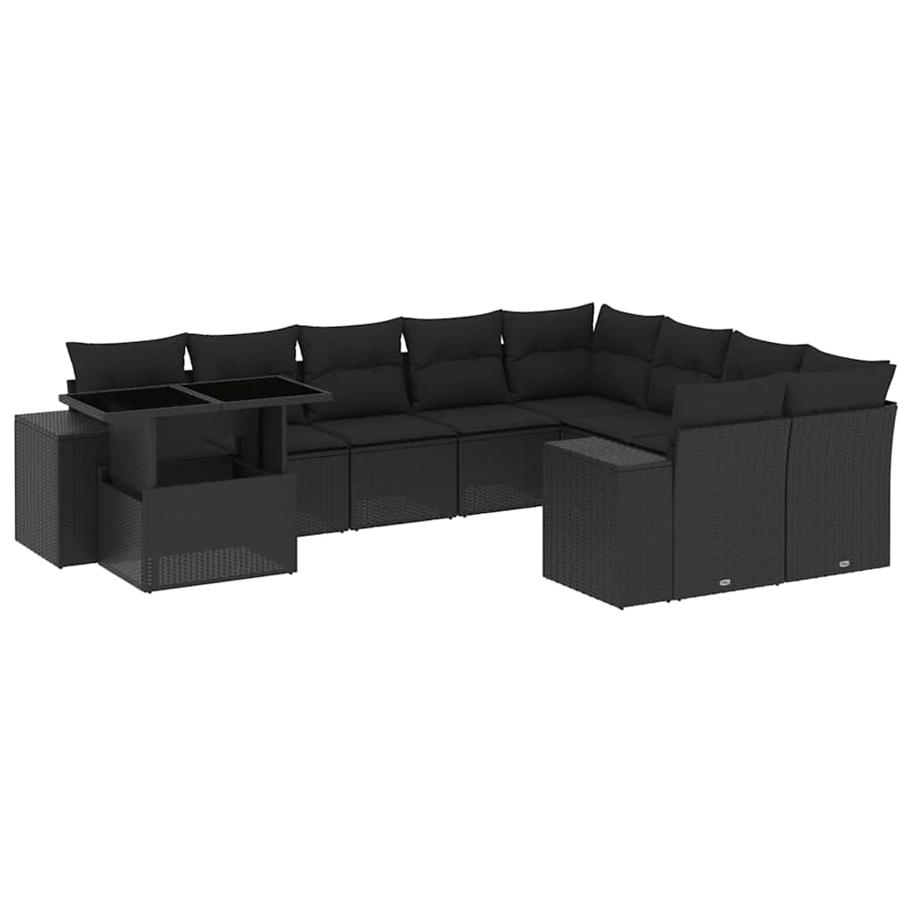 10-tlg. Garten-Sofagarnitur mit Kissen Schwarz Poly Rattan
