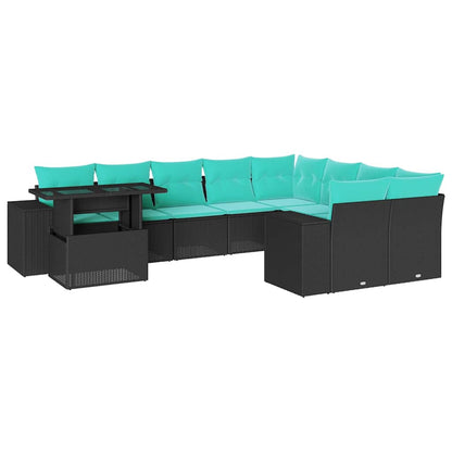 10-teiliges Gartensofa-Set mit Kissen, schwarzes Polyrattan
