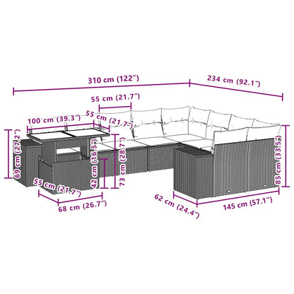 10-teiliges Gartensofa-Set mit Kissen, schwarzes Polyrattan