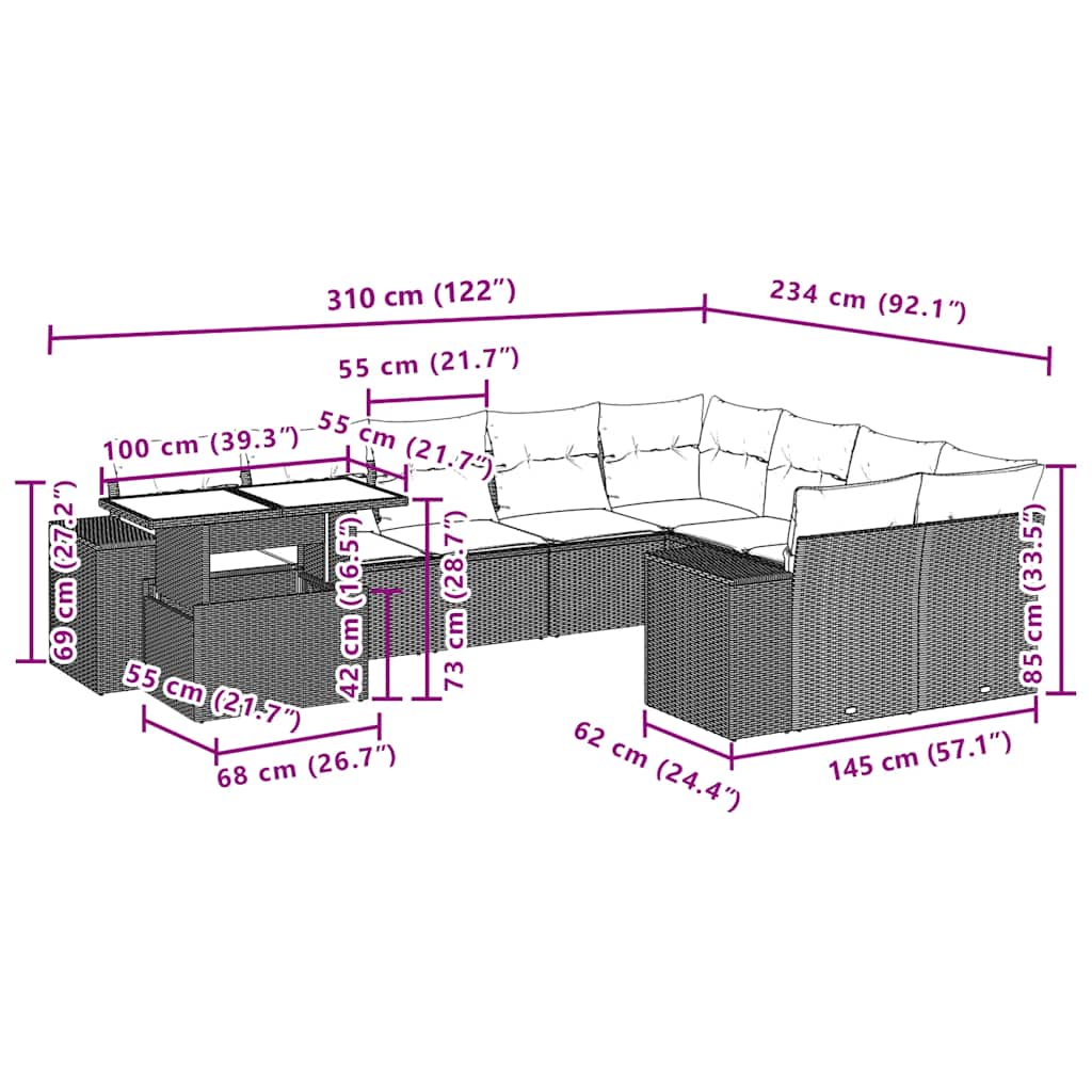 10-teiliges Gartensofa-Set mit Kissen, grau, Polyrattan