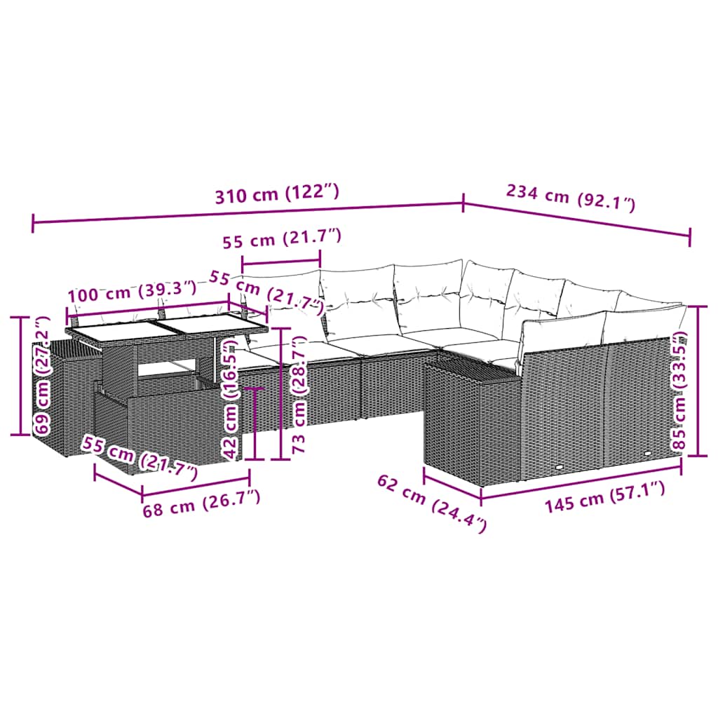 10-teiliges Gartensofa-Set mit Kissen, braun, Polyrattan
