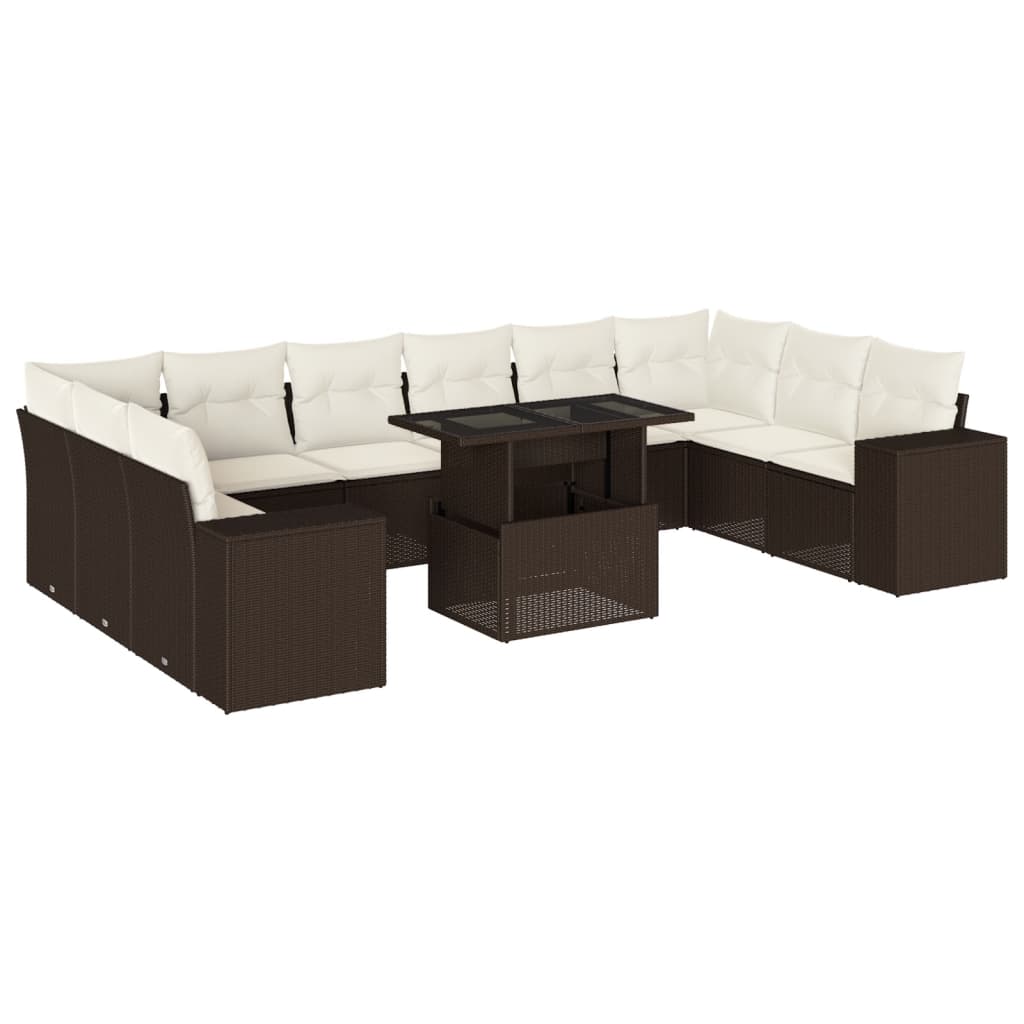 11-tlg. Garten-Sofagarnitur mit Kissen Braun Poly Rattan