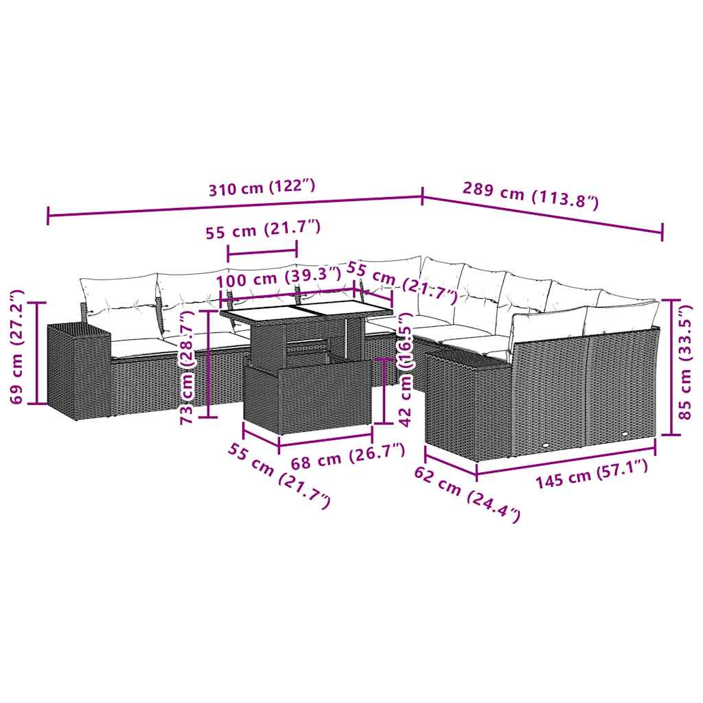 11-tlg. Garten-Sofagarnitur mit Kissen Schwarz Poly Rattan